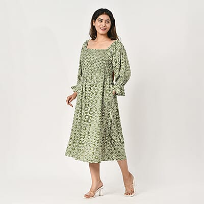 Tamsy Green Floral Square Printed Smocking Dress - One Size Fits Most