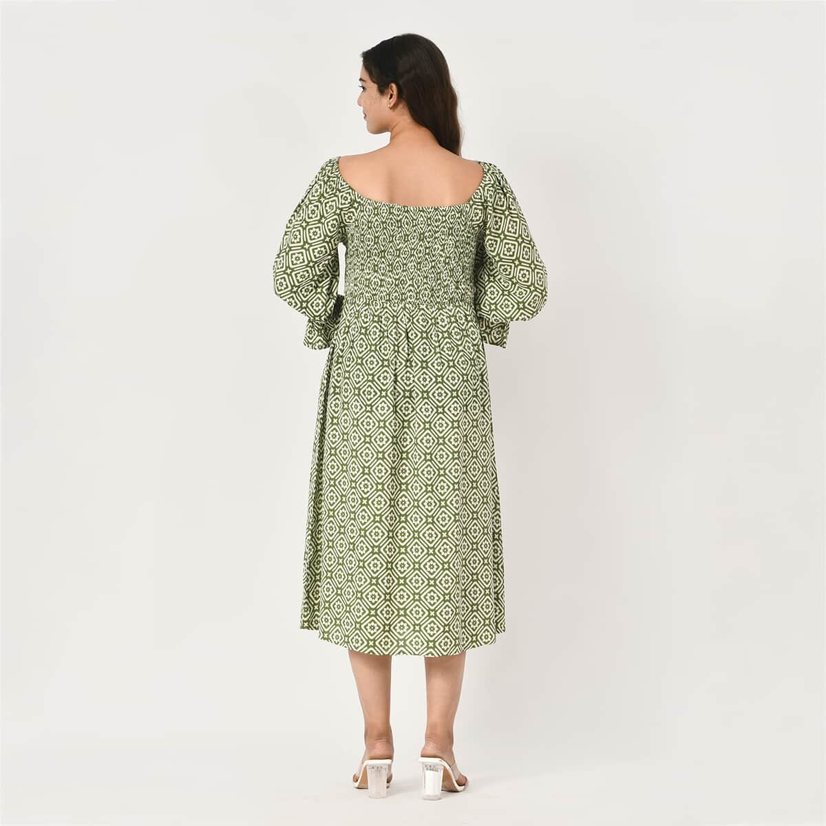 Tamsy Green Floral Square Printed Smocking Dress - One Size Fits Most image number 3