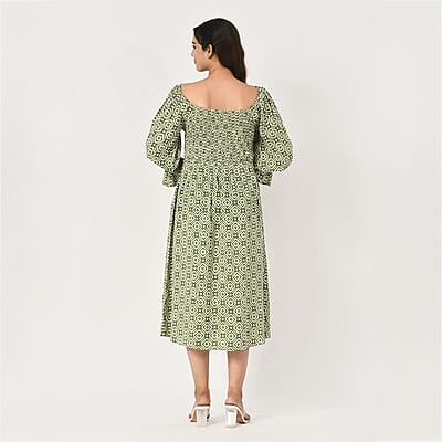 Tamsy Green Floral Square Printed Smocking Dress - One Size Fits Most