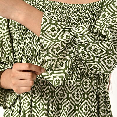 Tamsy Green Floral Square Printed Smocking Dress - One Size Fits Most