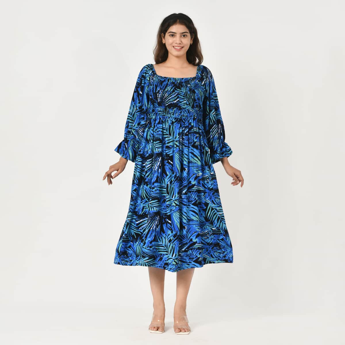 Tamsy Black and Blue Palm Printed Smocking Dress - One Size Fits Most image number 0