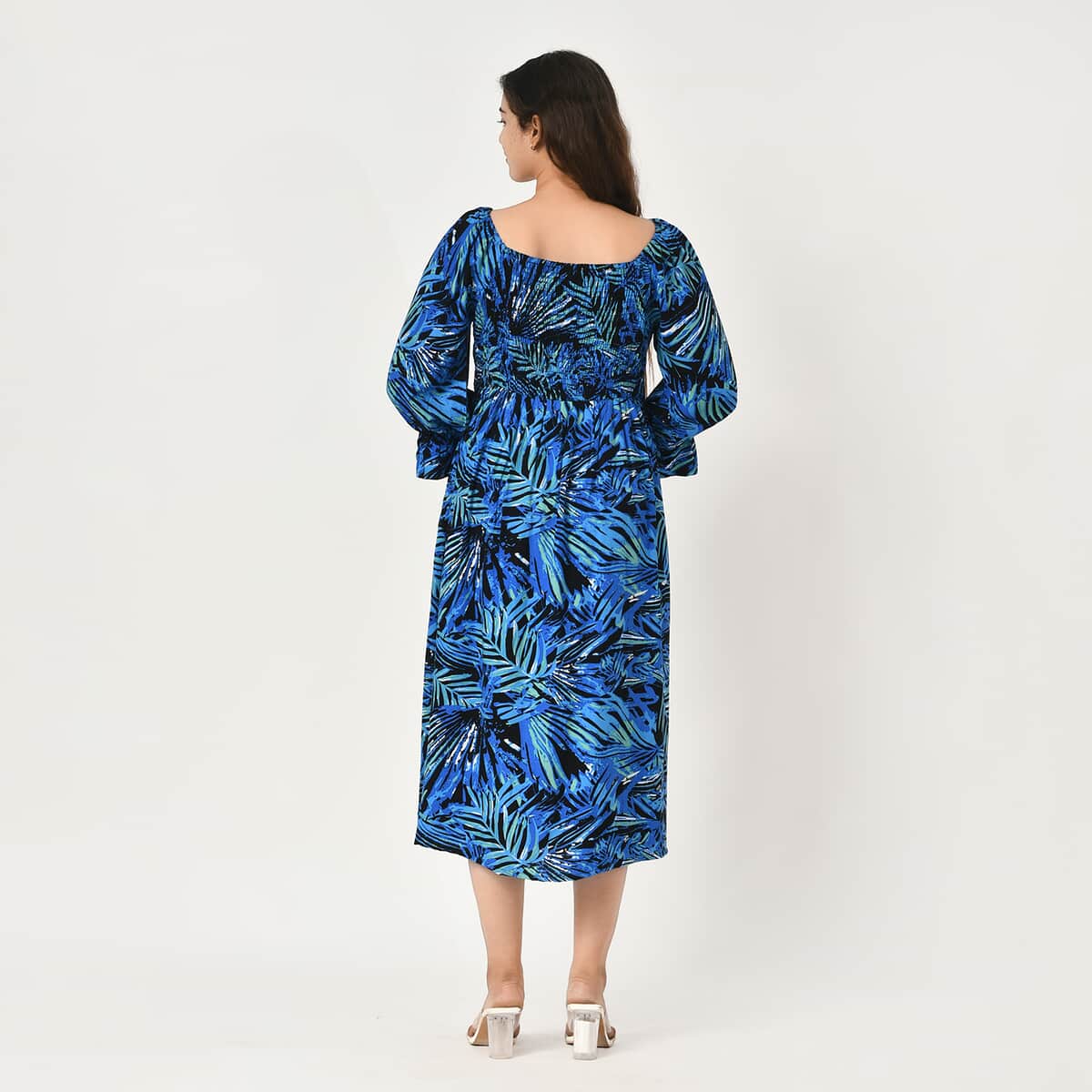 Tamsy Black and Blue Palm Printed Smocking Dress - One Size Fits Most image number 3