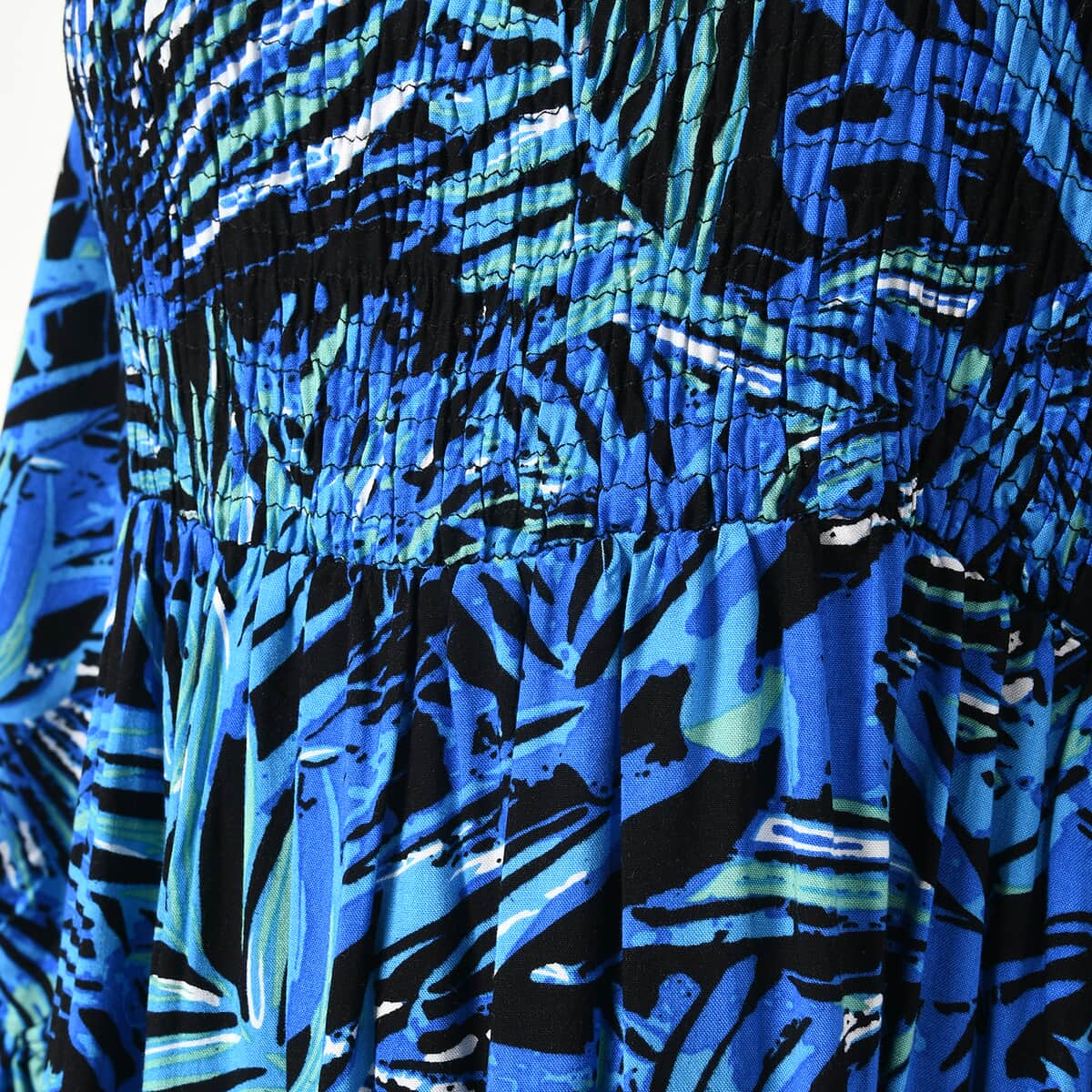 Tamsy Black and Blue Palm Printed Smocking Dress - One Size Fits Most image number 6