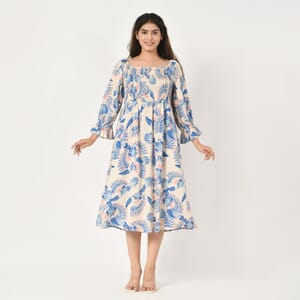 Tamsy Blue Bird Printed Smocking Dress - One Size Fits Most