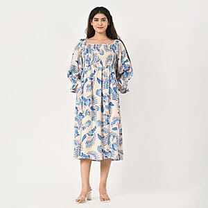 Tamsy Blue Bird Printed Smocking Dress - One Size Fits Most