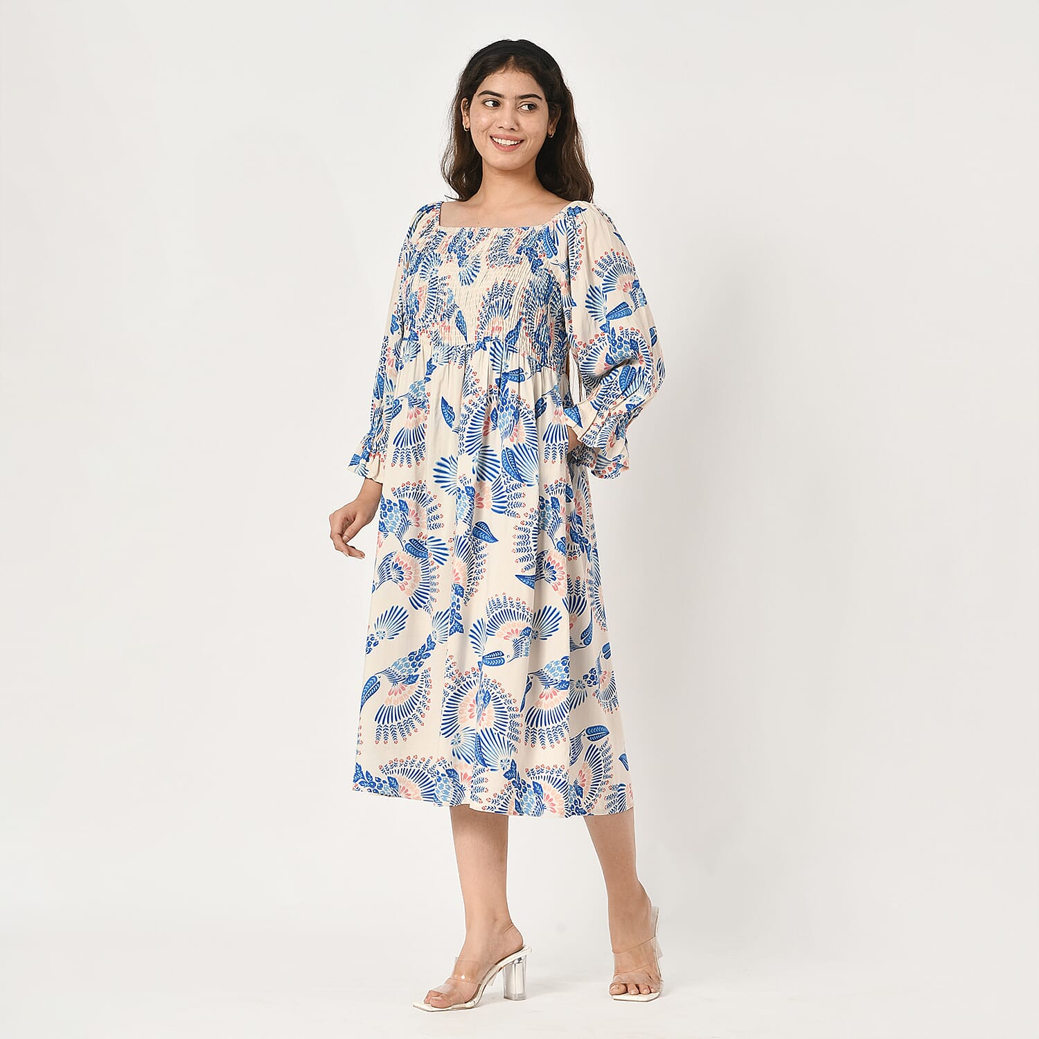 Buy Tamsy Blue Bird Printed Smocking Dress - One Size Fits