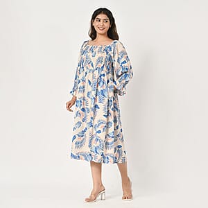 Tamsy Blue Bird Printed Smocking Dress - One Size Fits Most