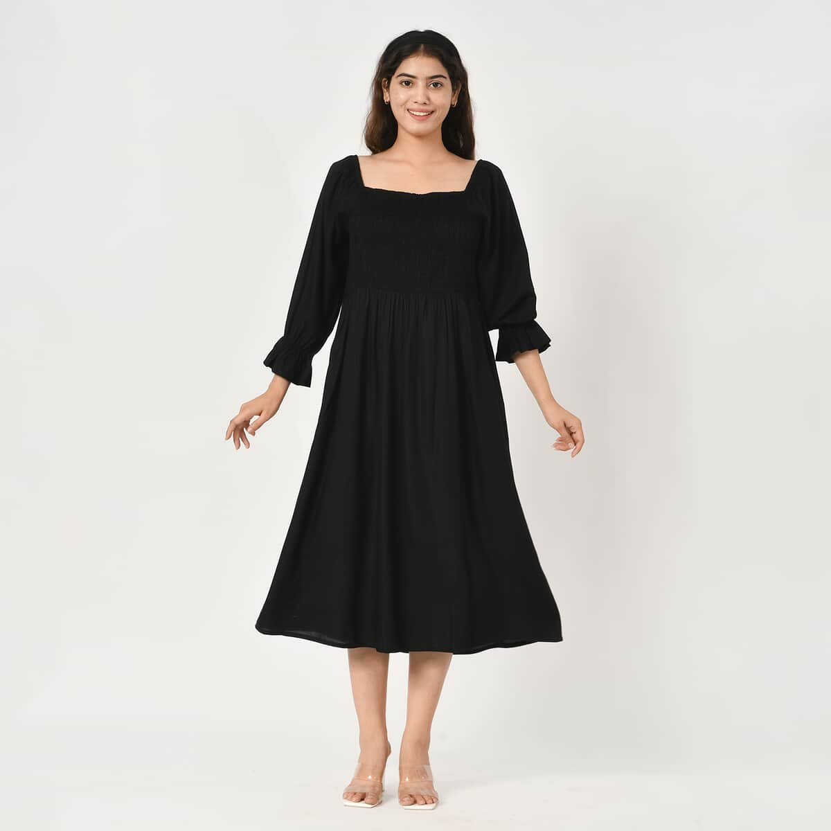 Tamsy Black Solid Smocking Dress - One Size Fits Most image number 0