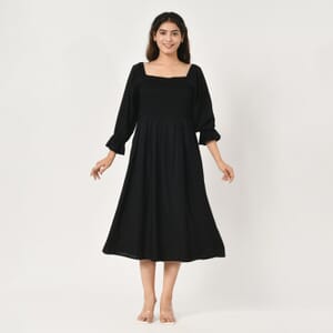 Tamsy Black Solid Smocking Dress - One Size Fits Most