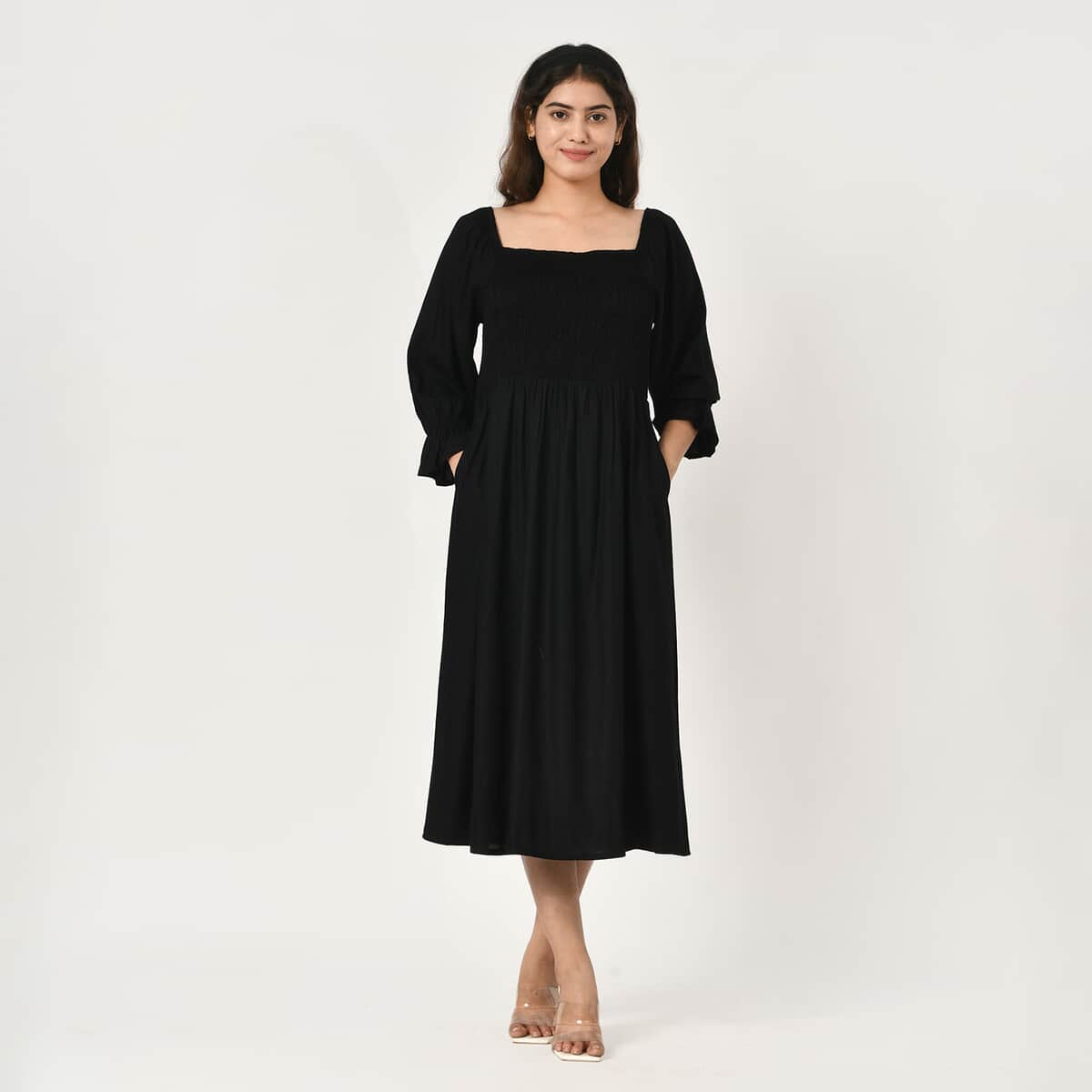 Tamsy Black Solid Smocking Dress - One Size Fits Most image number 1