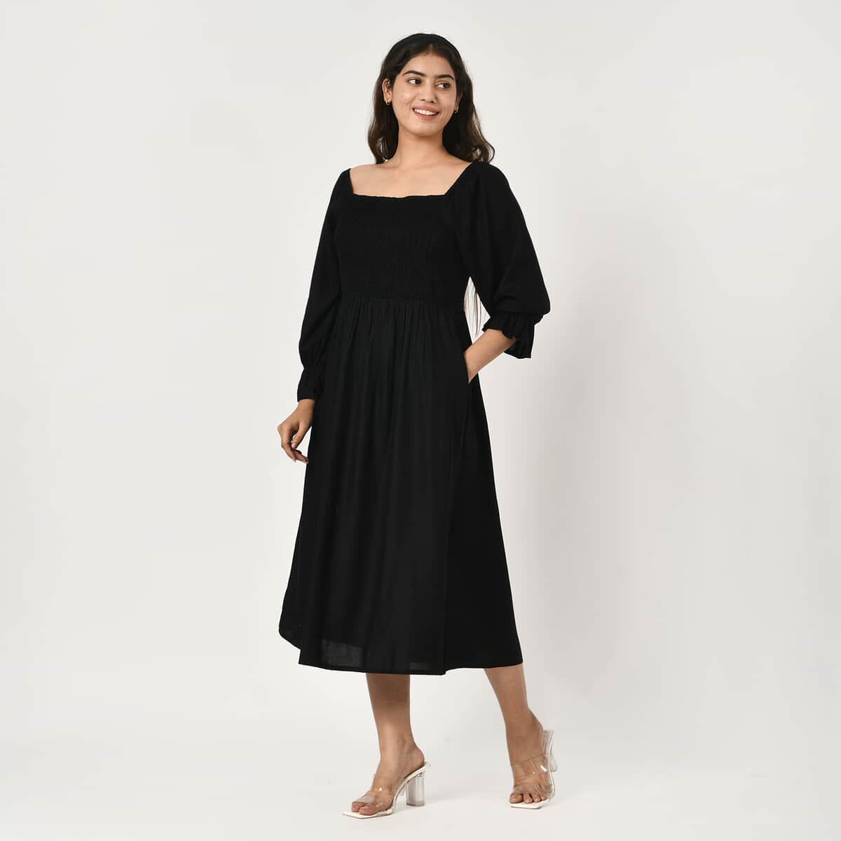 Tamsy Black Solid Smocking Dress - One Size Fits Most image number 2