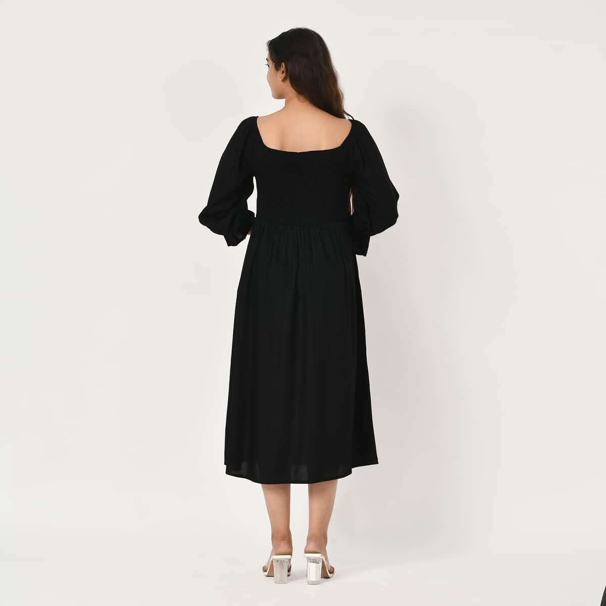 Tamsy Black Solid Smocking Dress - One Size Fits Most image number 3