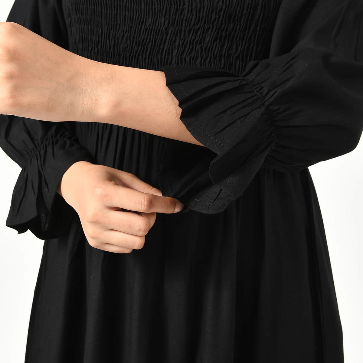 Tamsy Black Solid Smocking Dress - One Size Fits Most image number 4