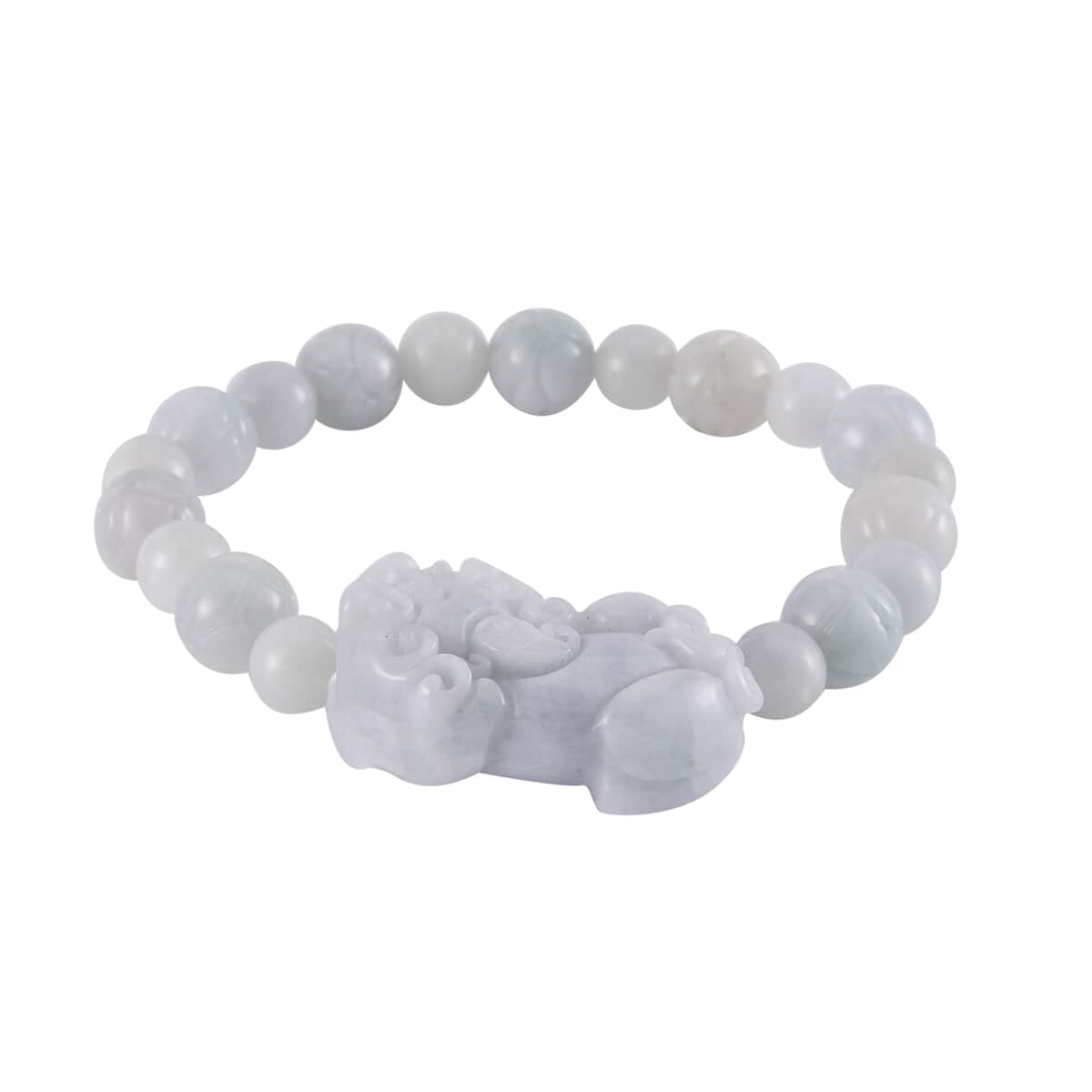 Natural Jade Carved Lotus Beaded Stretch Bracelet with Pixiu Charm 210.00 ctw image number 0