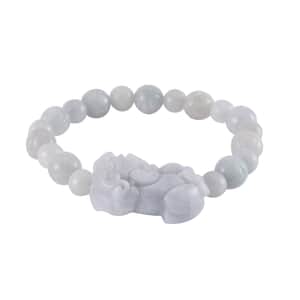 Natural Jade Carved Lotus Beaded Stretch Bracelet with Pixiu Charm 210.00 ctw