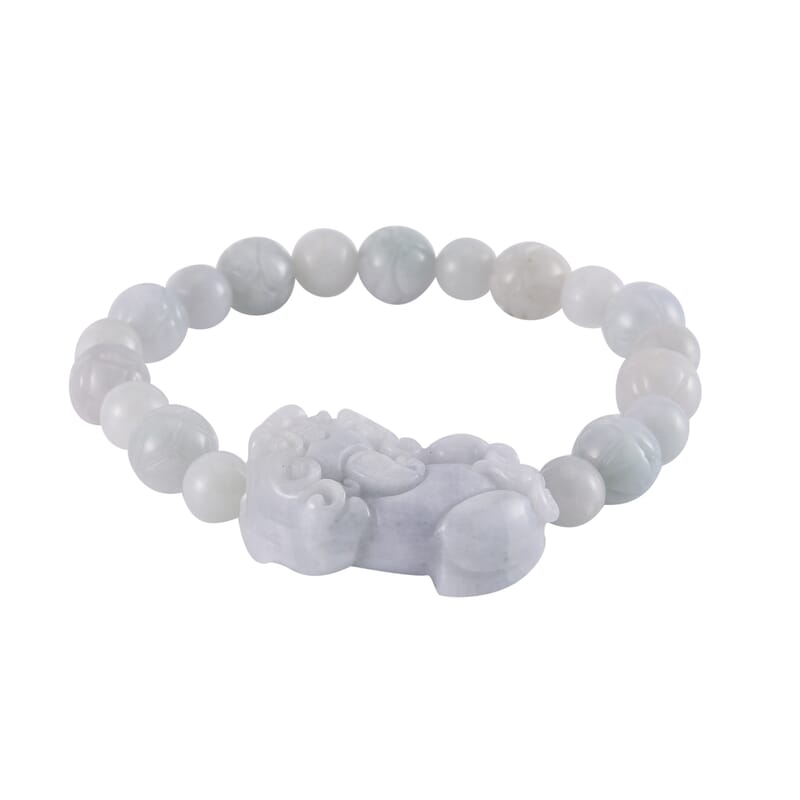 Natural Jade 210.00 ctw Carved Lotus Beaded Stretch Bracelet with Pixiu Charm