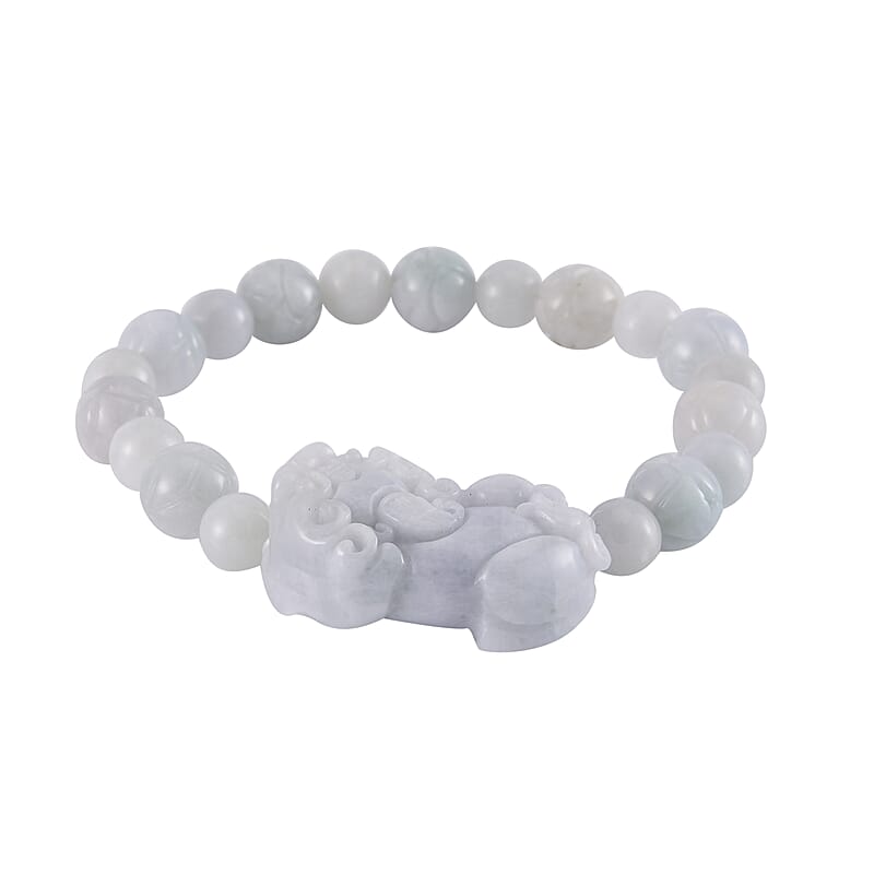Natural Jade 210.00 ctw Carved Lotus Beaded Stretch Bracelet with Pixiu Charm