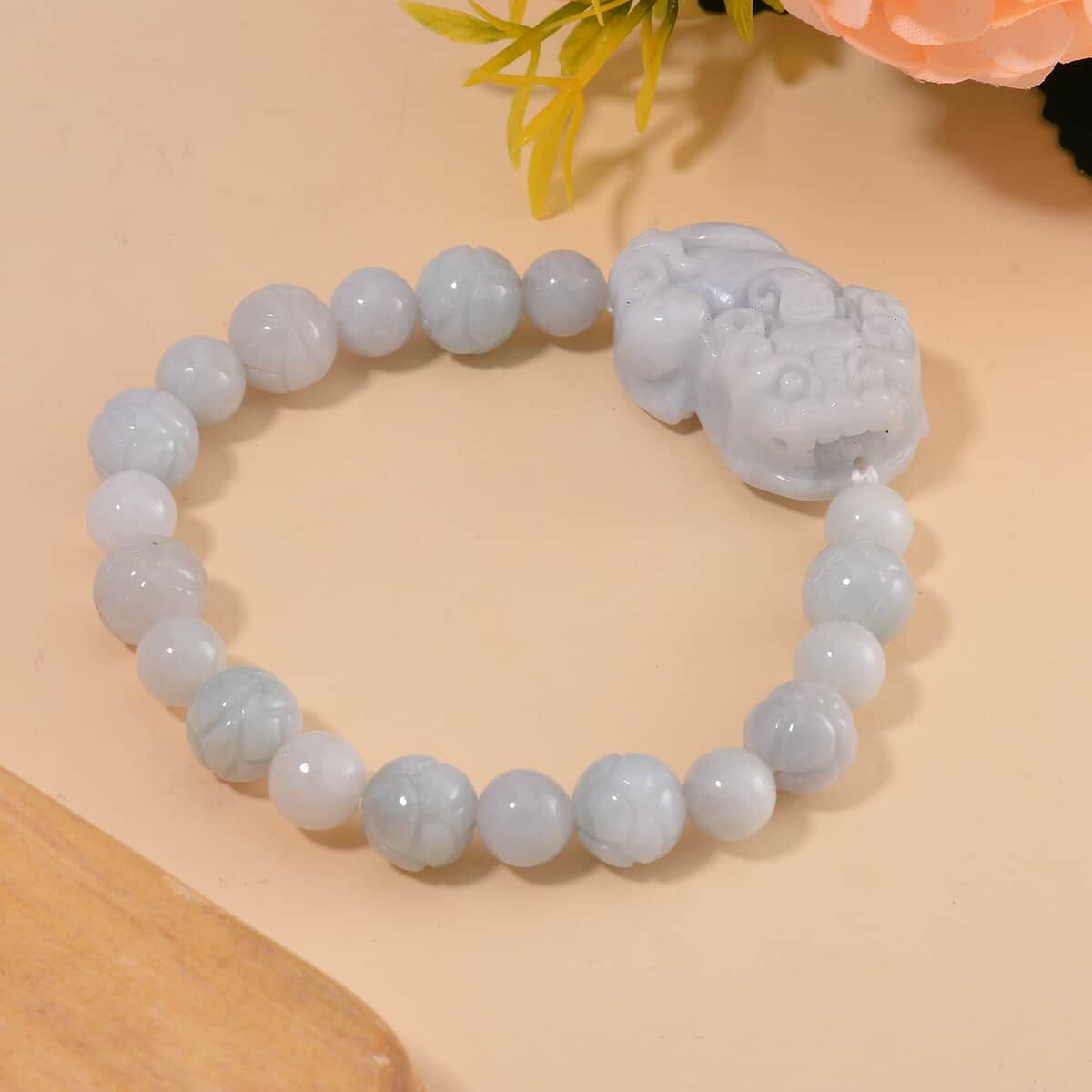 Natural Jade Carved Lotus Beaded Stretch Bracelet with Pixiu Charm 210.00 ctw image number 1