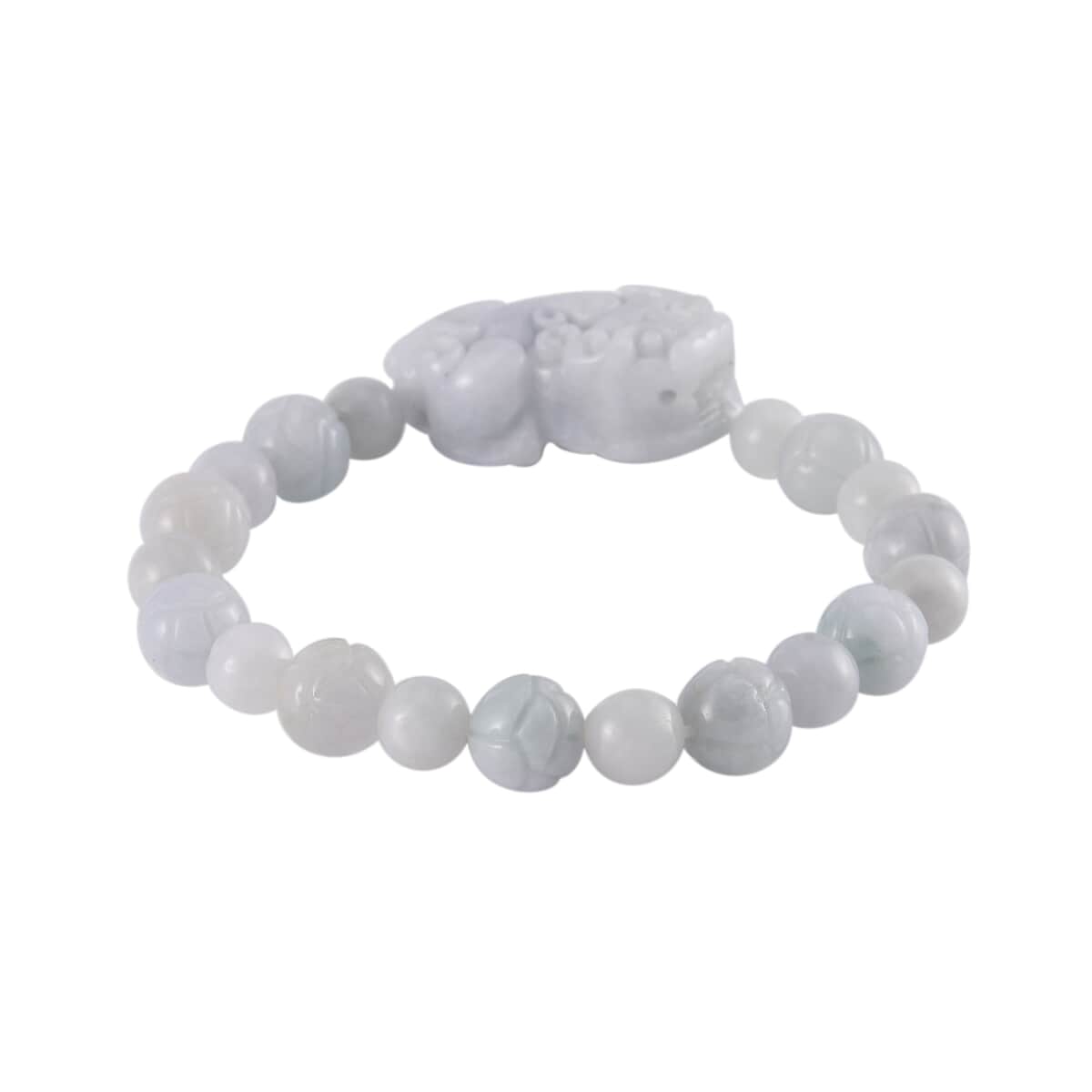 Natural Jade Carved Lotus Beaded Stretch Bracelet with Pixiu Charm 210.00 ctw image number 2