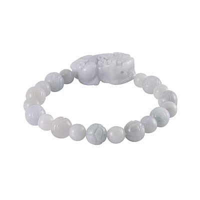 Natural Jade 210.00 ctw Carved Lotus Beaded Stretch Bracelet with Pixiu Charm