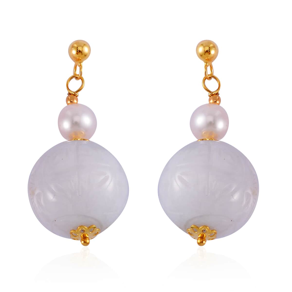 Natural Jade Carved and White Freshwater Pearl Earrings in 14K Yellow Gold Over Sterling Silver 72.10 ctw image number 0