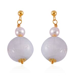Natural Jade Carved and White Freshwater Pearl Earrings in 14K Yellow Gold Over Sterling Silver 72.10 ctw