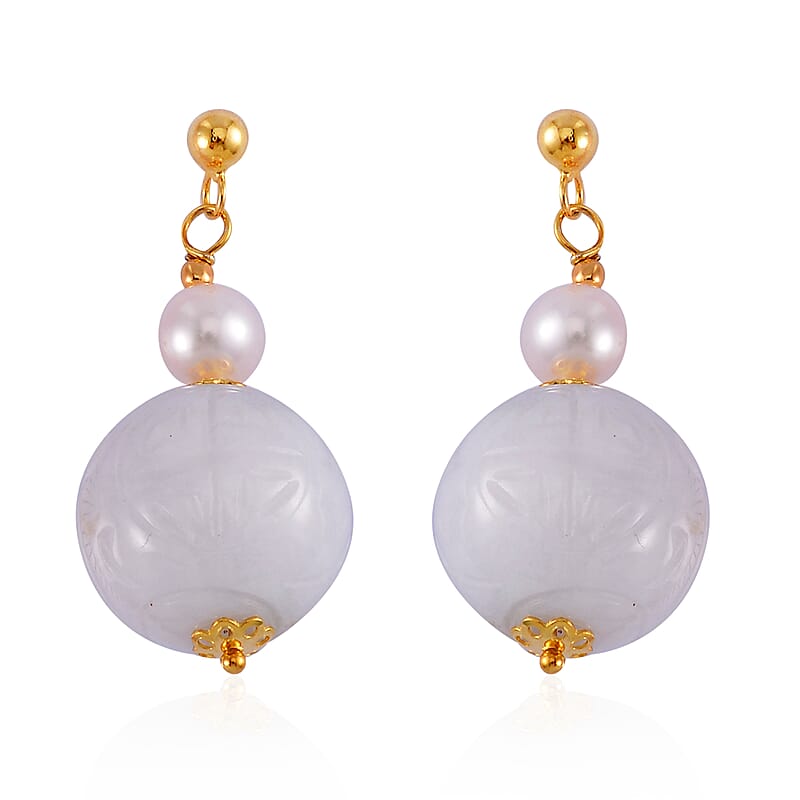 Natural Jade Carved and White Freshwater Pearl Earrings in 14K Yellow Gold Over Sterling Silver 72.10 ctw