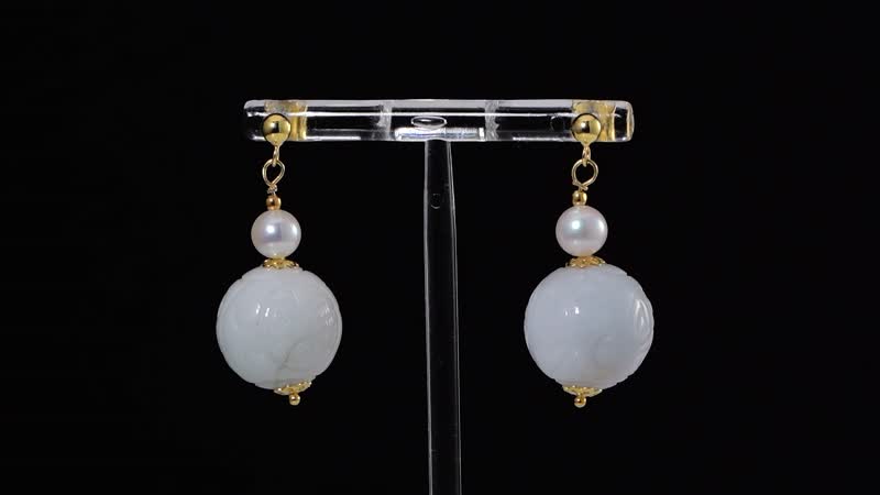Natural Jade Carved and White Freshwater Pearl Earrings in 14K Yellow Gold Over Sterling Silver 72.10 ctw