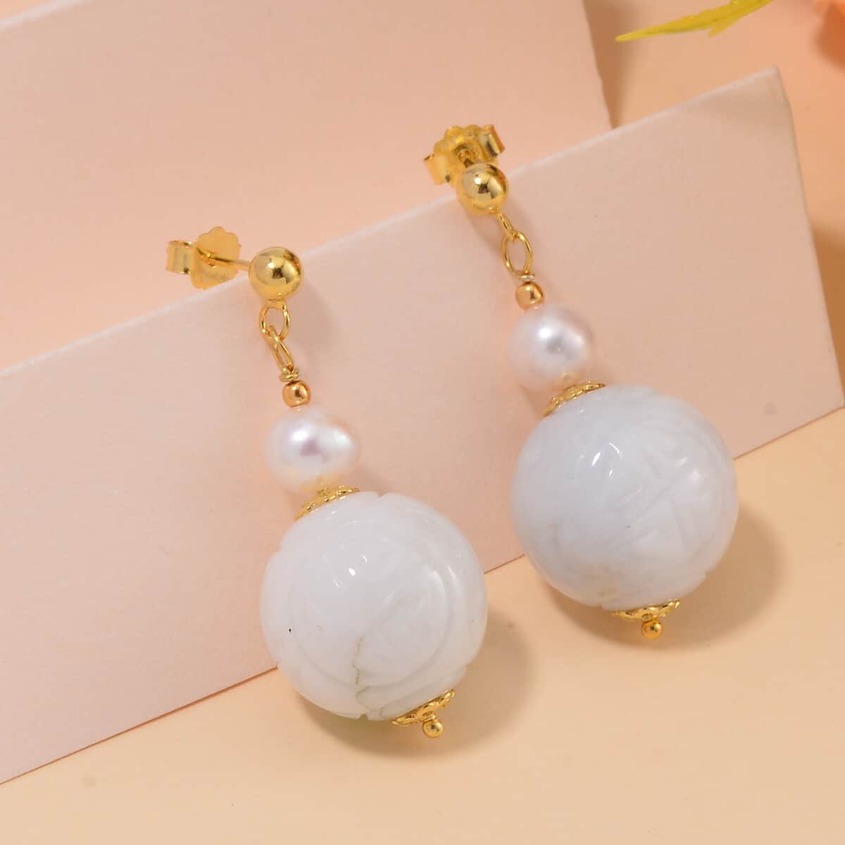 Natural Jade Carved and White Freshwater Pearl Earrings in 14K Yellow Gold Over Sterling Silver 72.10 ctw image number 1