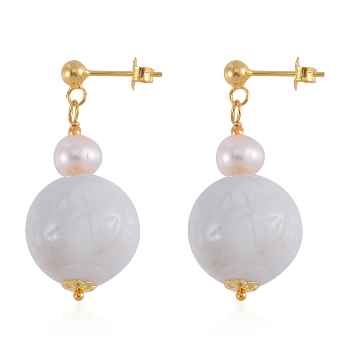 Natural Jade Carved and White Freshwater Pearl Earrings in 14K Yellow Gold Over Sterling Silver 72.10 ctw image number 3