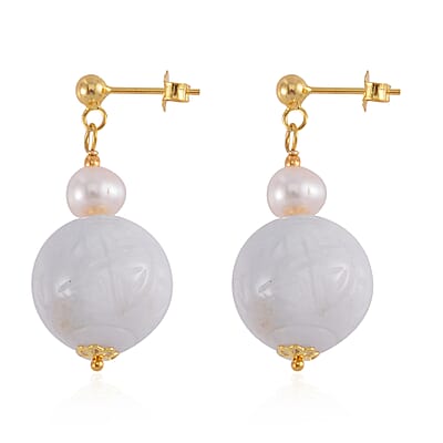 Natural Jade Carved and White Freshwater Pearl Earrings in 14K Yellow Gold Over Sterling Silver 72.10 ctw