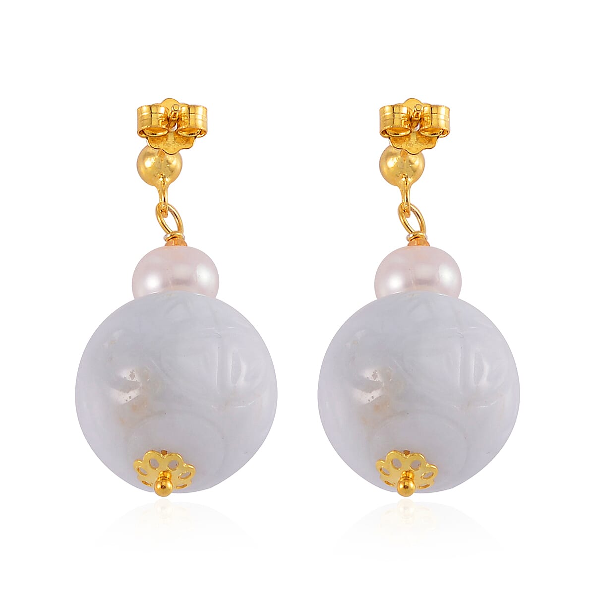 Natural Jade Carved and White Freshwater Pearl Earrings in 14K Yellow Gold Over Sterling Silver 72.10 ctw