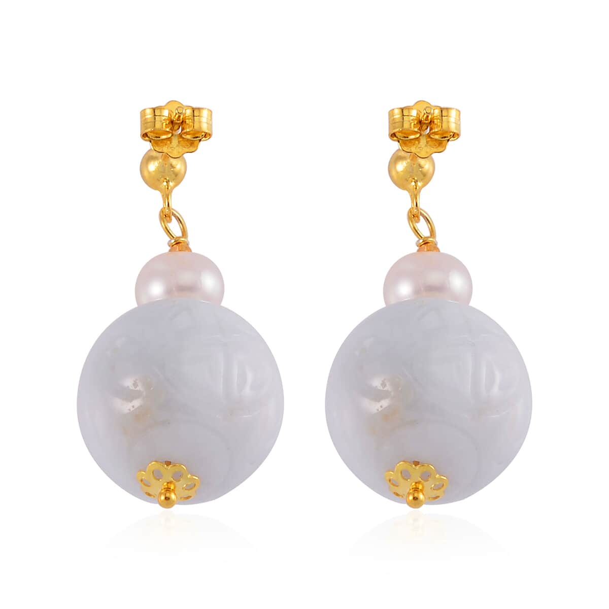 Natural Jade Carved and White Freshwater Pearl Earrings in 14K Yellow Gold Over Sterling Silver 72.10 ctw image number 4