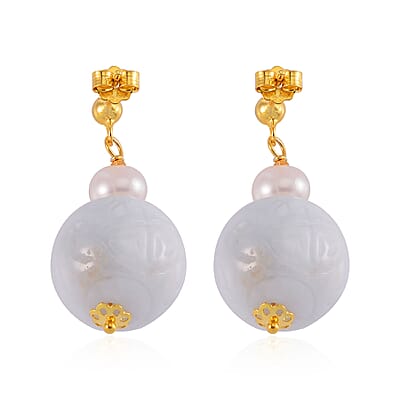 Natural Jade Carved and White Freshwater Pearl Earrings in 14K Yellow Gold Over Sterling Silver 72.10 ctw