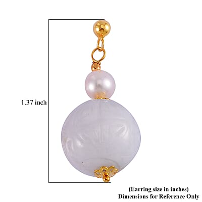 Natural Jade Carved and White Freshwater Pearl Earrings in 14K Yellow Gold Over Sterling Silver 72.10 ctw