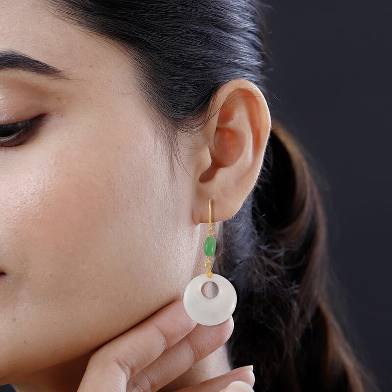 Natural Jade and Green Jade (D) 72.35 ctw Earrings in 14K Yellow Gold Over Sterling Silver