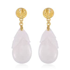 Natural Jade Carved 40.00 ctw Fu Happiness Earrings in 14K Yellow Gold Over Sterling Silver