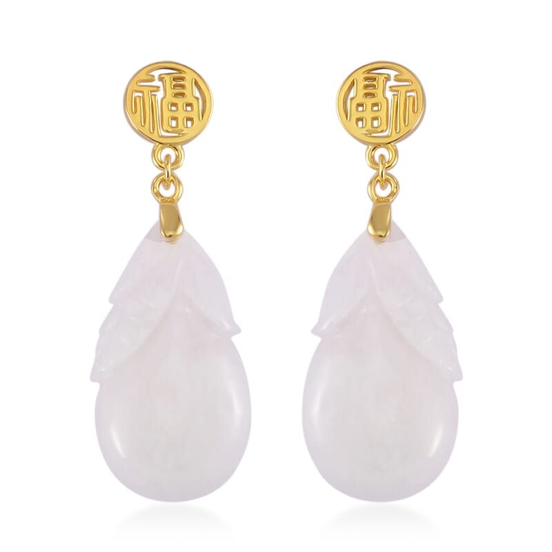 Natural Jade Carved 40.00 ctw Fu Happiness Earrings in 14K Yellow Gold Over Sterling Silver