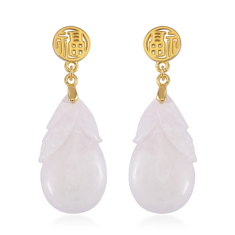 Natural Jade Carved 40.00 ctw Fu Happiness Earrings in 14K Yellow Gold Over Sterling Silver