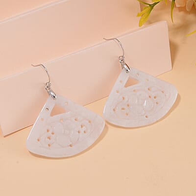 Natural Jade Carved Earrings in Rhodium Over Sterling Silver 62.50 ctw