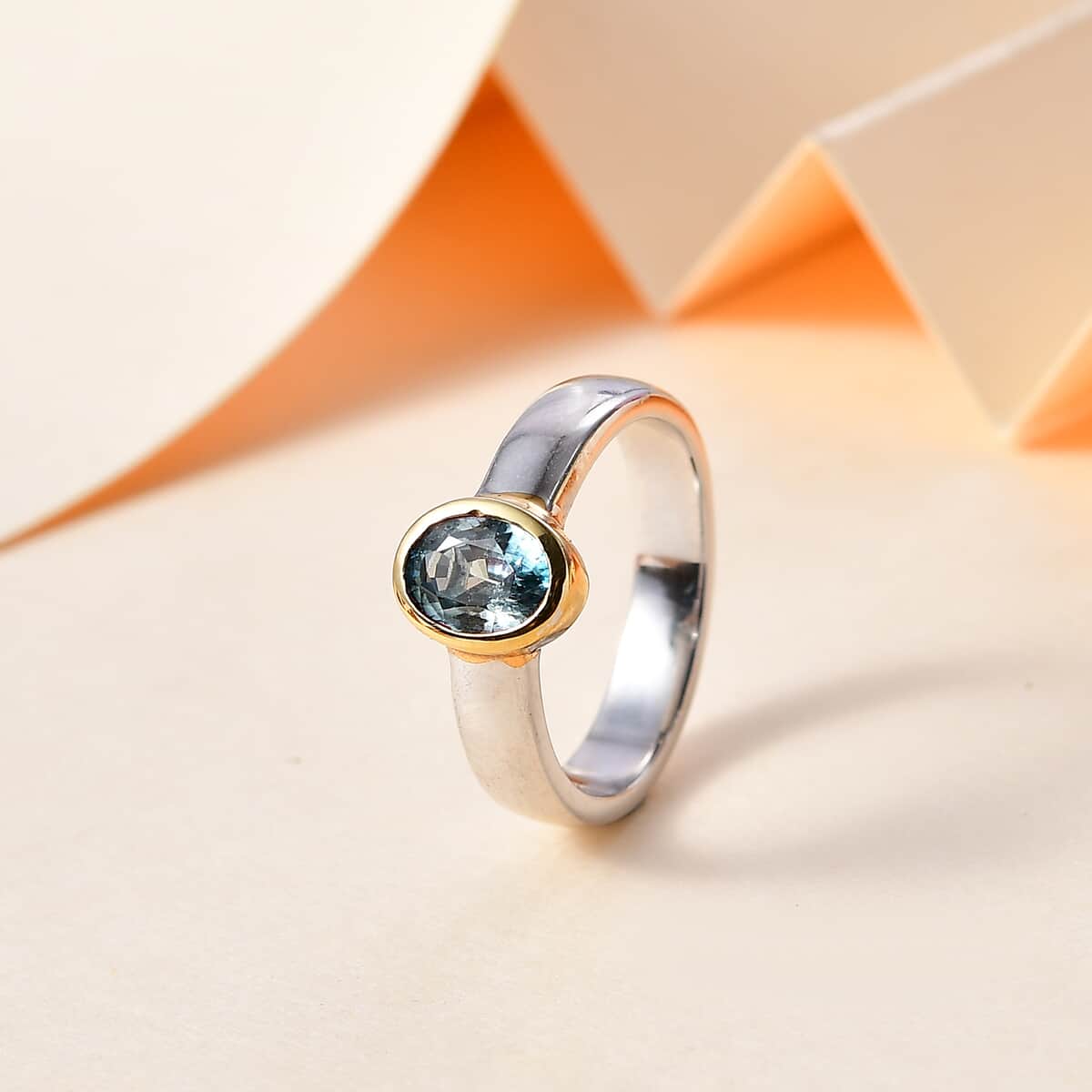 Cambodian Blue Zircon Solitaire Ring in Vermeil YG and Platinum Over Sterling Silver (Size 10.0) 1.25 ctw image number 1