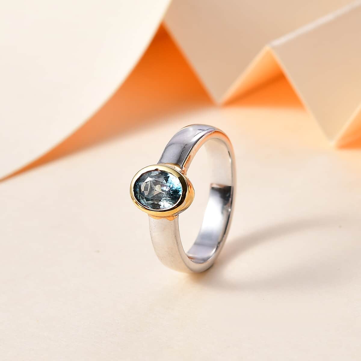 Cambodian Blue Zircon Solitaire Ring in Vermeil YG and Platinum Over Sterling Silver (Size 6.0) 1.25 ctw image number 1