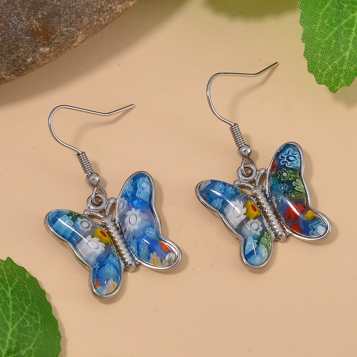 Multi Color Murano Style Butterfly Earrings in Stainless Steel image number 1