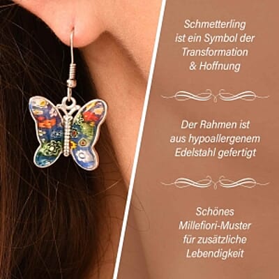 Multi Color Murano Style Butterfly Earrings in Stainless Steel