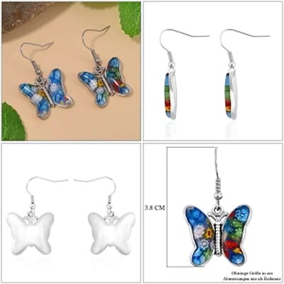Multi Color Murano Style Butterfly Earrings in Stainless Steel