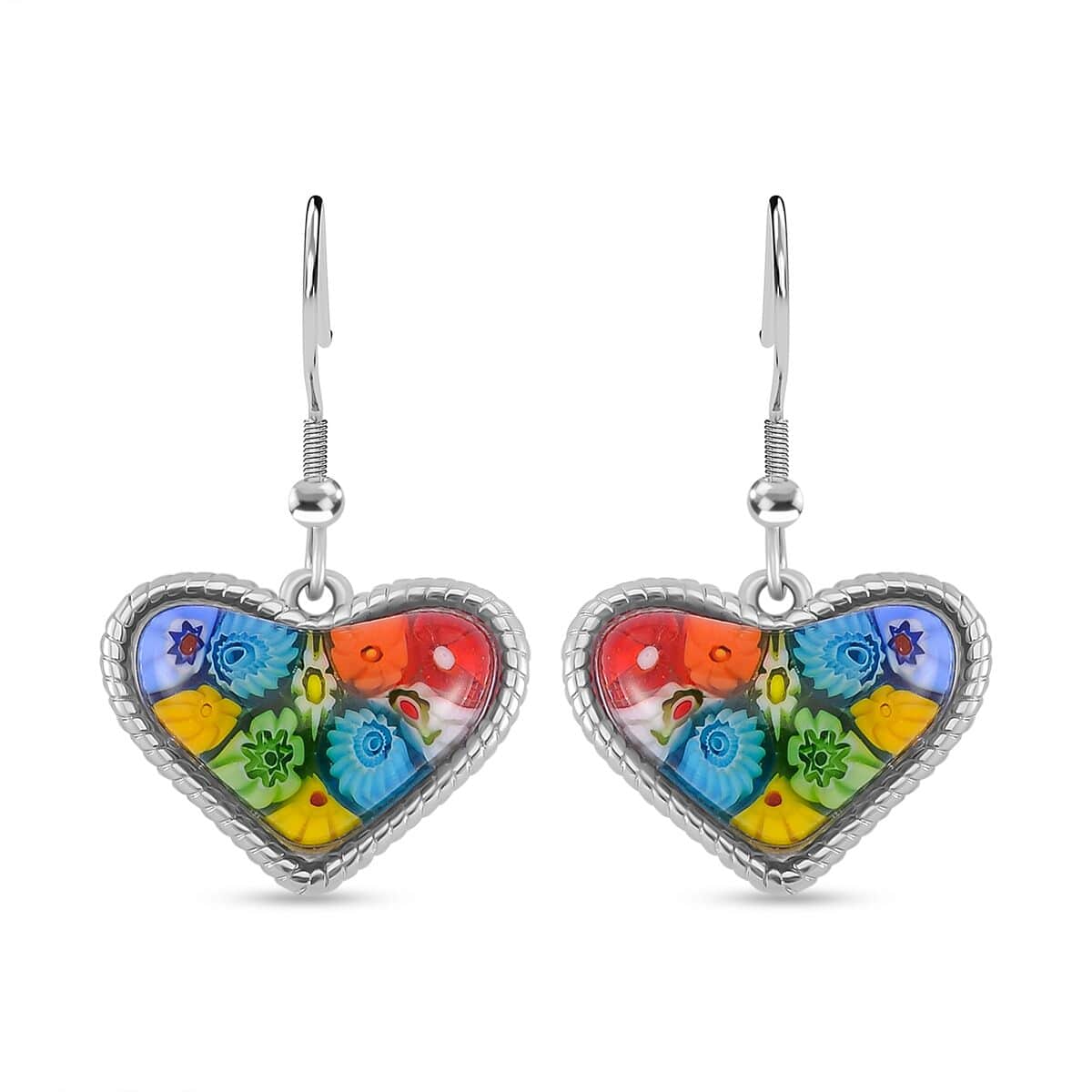 Multi Color Murano Style Heart Fish Hook Earrings in Stainless Steel image number 0