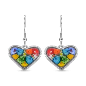 Multi Color Murano Style Heart Fish Hook Earrings in Stainless Steel