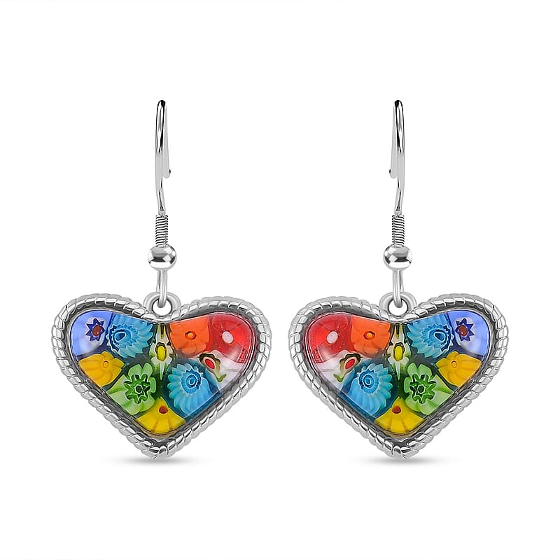 Multi Color Murano Style Heart Fish Hook Earrings in Stainless Steel