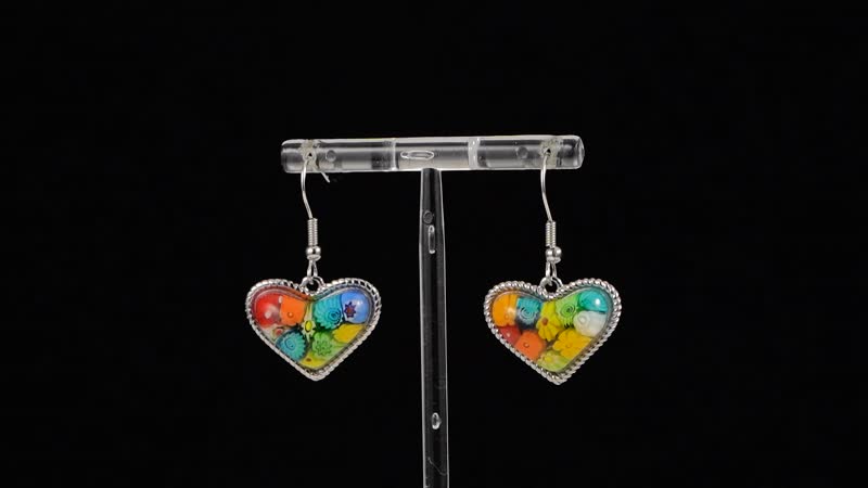 Multi Color Murano Style Heart Fish Hook Earrings in Stainless Steel