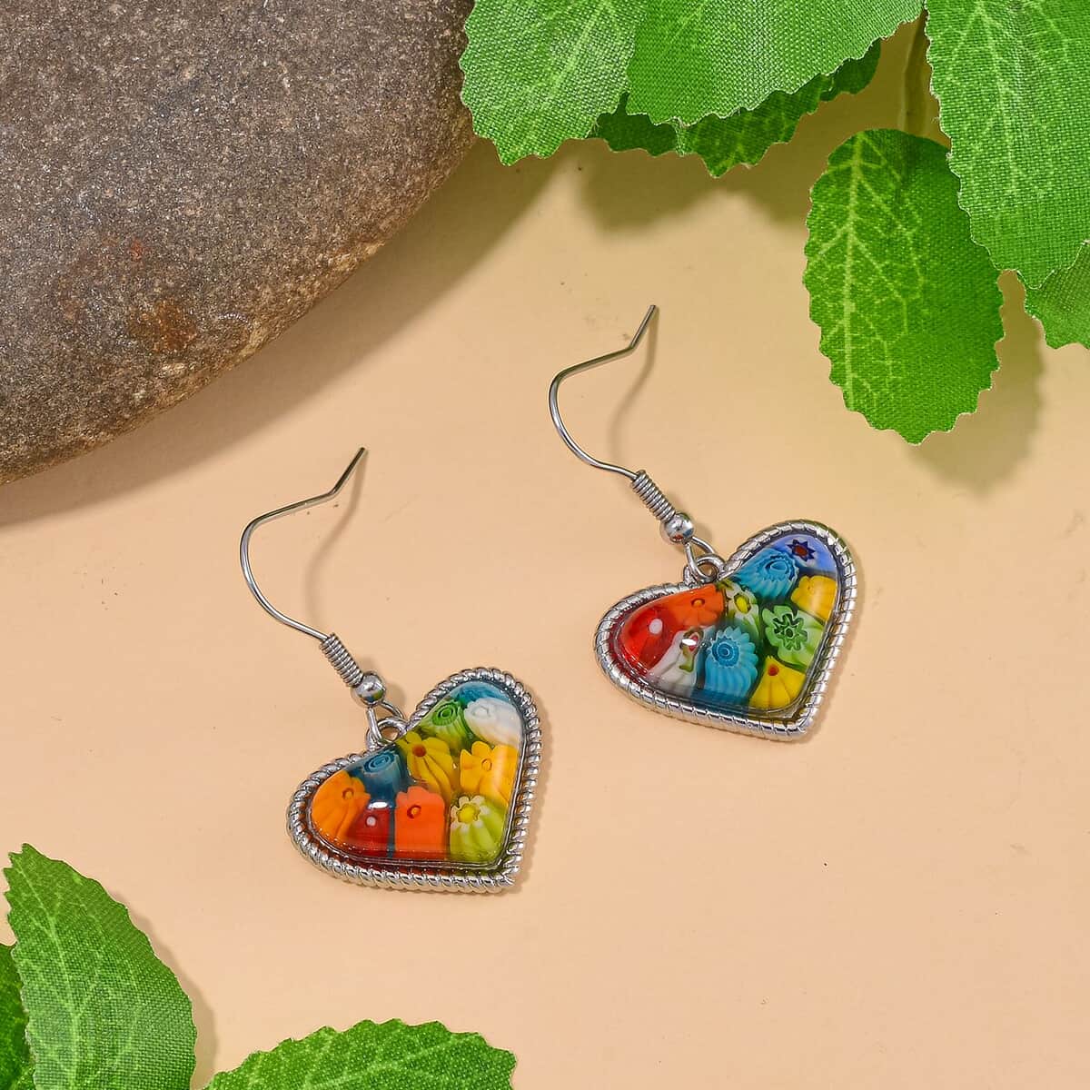 Multi Color Murano Style Heart Fish Hook Earrings in Stainless Steel image number 1